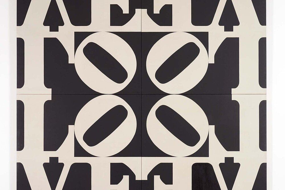 Work by Robert Indiana in black and white, the word LOVE can be read in different directions