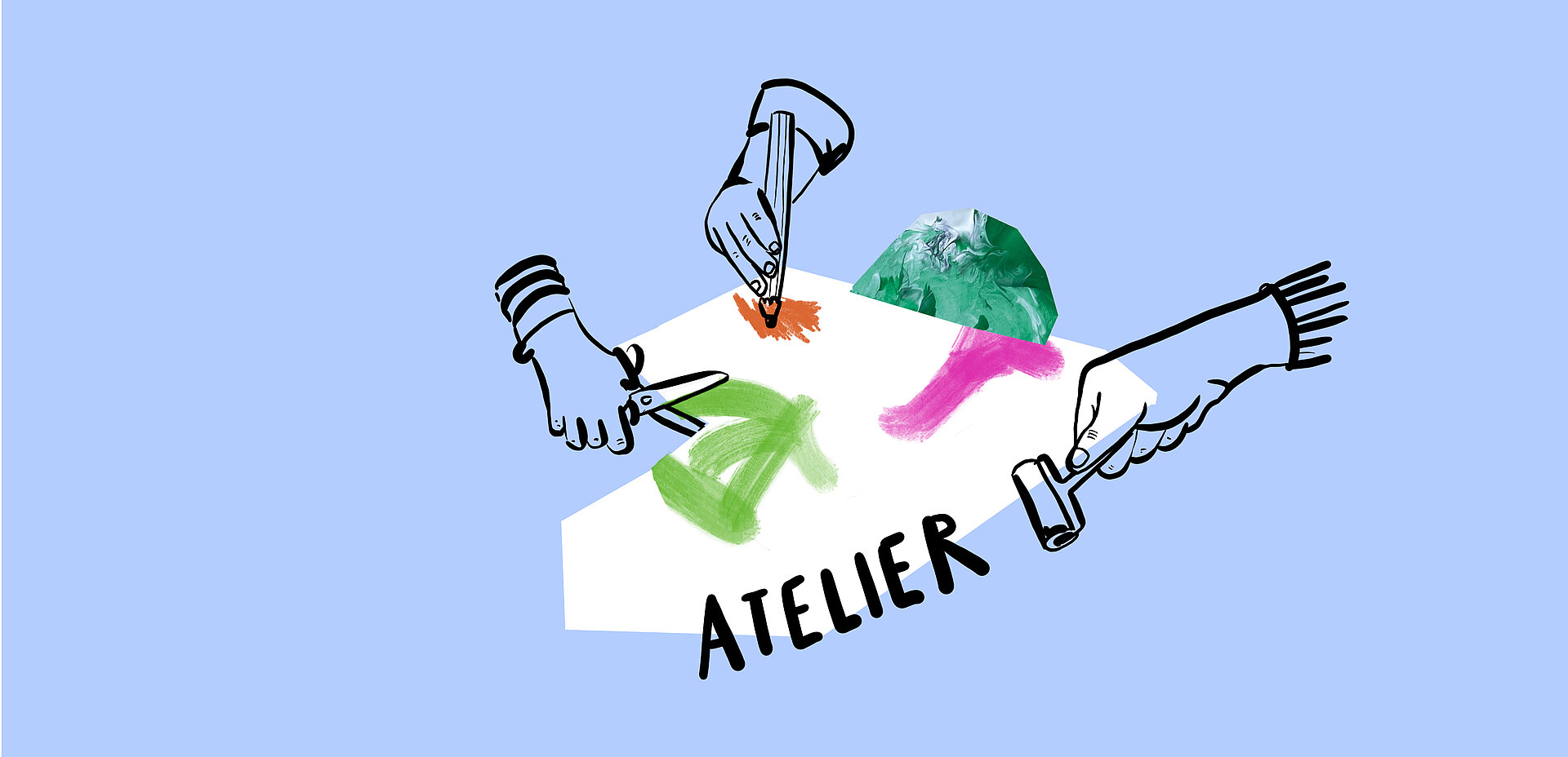 Illustration zum Thema Atelier: Utensilien zum Malen und Basteln auf blauem Hintergrund