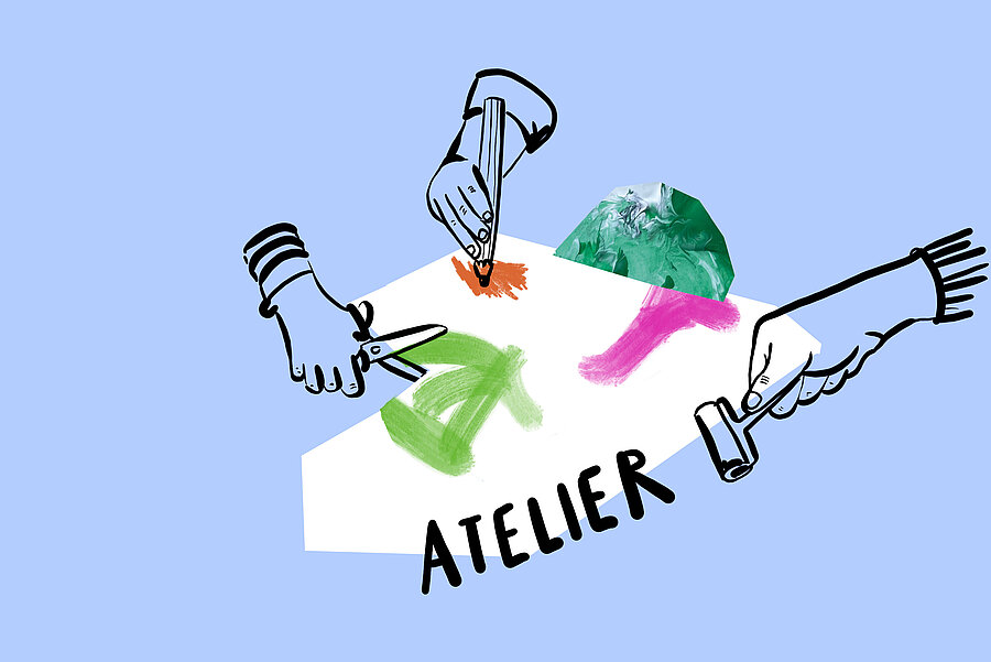 Illustration zum Thema Atelier: Utensilien zum Malen und Basteln auf blauem Hintergrund