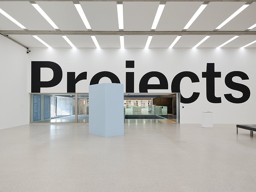 A sculpture of oversized black letters painted onto white museum walls. From this view, the letters spell “Proiects,” with the “j” of “Projects” appearing as an “i:” some letters are cut off by the gallery’s doorways and corners. On the image’s right sits a small sculpture on a white plinth. In the image’s center, another rectangular sculpture, much larger and made of pastel blue polyurethane foam, partially obscures the gallery’s glass entrance and view into the museum’s lobby.