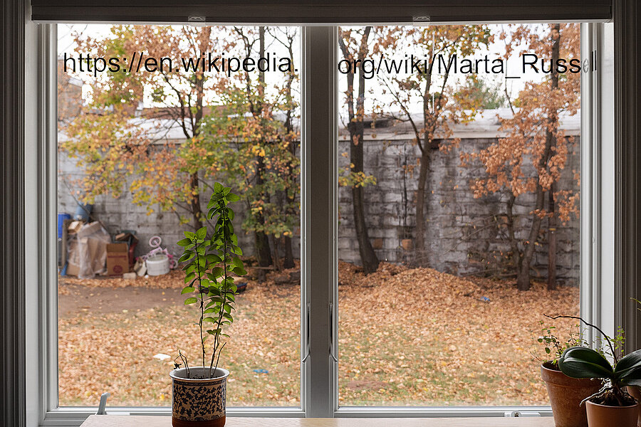 The web address of a wikipedia page on Marta Russell adhered at the top of a window looking out onto a fall yard scene. Potted house plants on an empty table sit in front of the window.