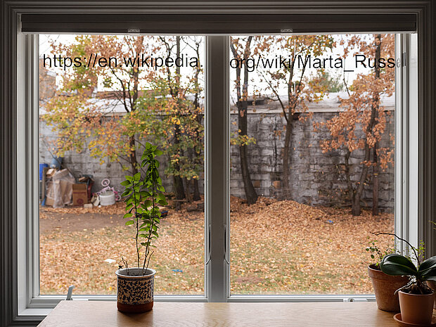 
            
                The web address of a wikipedia page on Marta Russell adhered at the top of a window looking out onto a fall yard scene. Potted house plants on an empty table sit in front of the window.
            
        