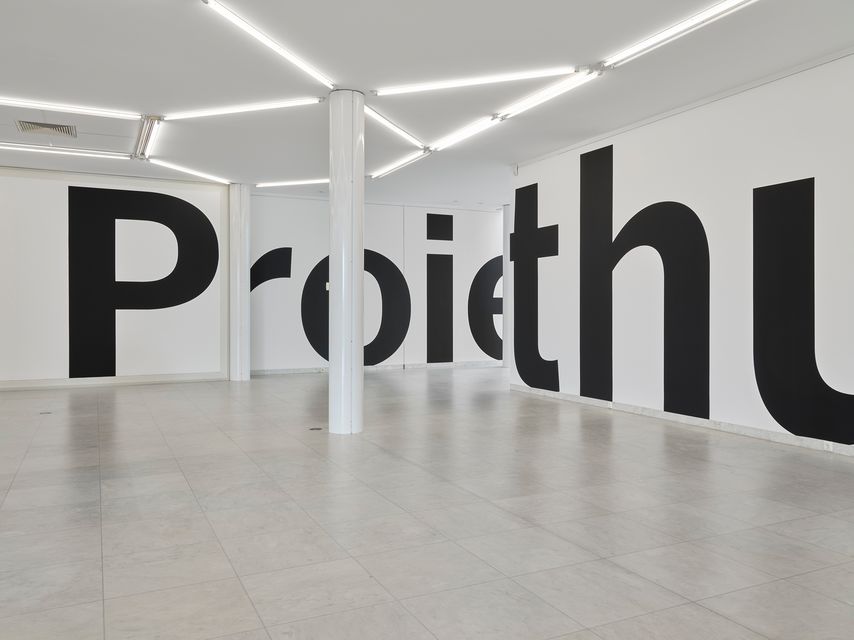 A sculpture in the form of text on a wall. From this view painted oversized black lowercase and uppercase letters spell “Proie-thu”. The lettering is cropped due to the camera angle as well as the room’s layout. The text wraps around the space and interacts with white support columns, above which angular fluorescent lighting is installed