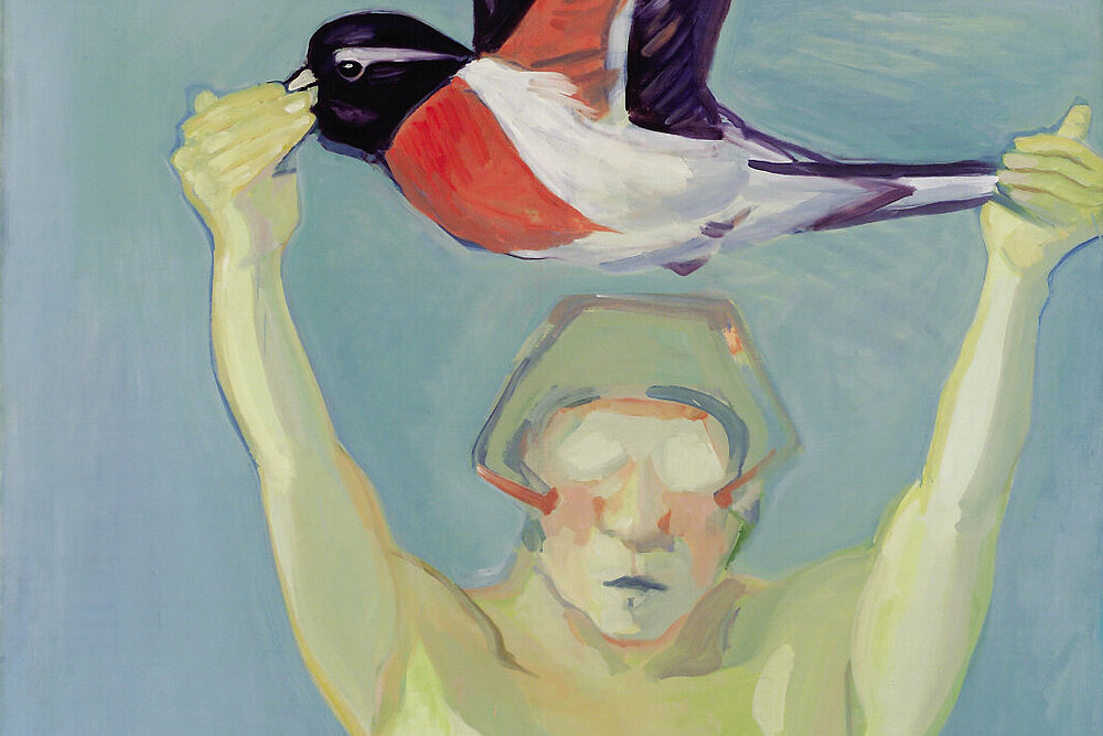 [Translate to English:] Maria Lassnig: Fliegen lernen. Gemälde einer nackten Frau, die einen Vogel in den Händen über ihrem Kopf hält