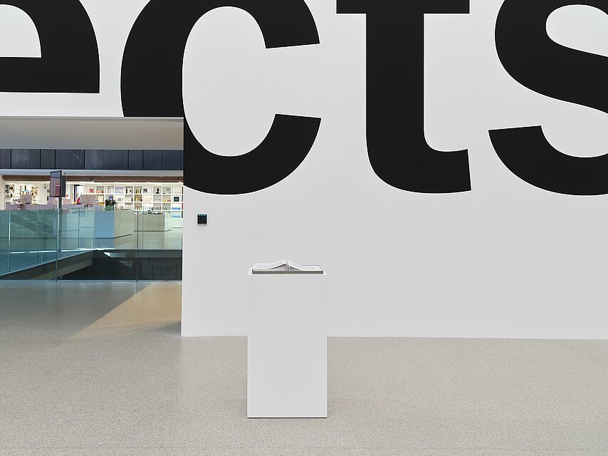 An artwork showing two pamphlets inside of a stainless tray on a white plinth. The pamphlets’ stapled binding is positioned back to back, creating two slopes and a central peak. The view also shows the gallery’s entrance looking into the museum lobby and a close crop of large black letters on the museum’s white wall spelling "ects."