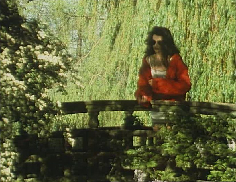 Vivienne Dick, Filmstill aus / from: Two Little Pigeons, 1990: Person steht auf einer Brücke im Grünen