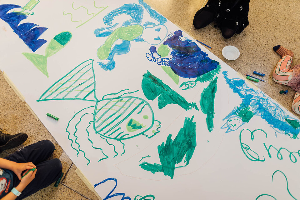 
            
                Kinder malen Fische und Wassermotive in grünen und blauen Farbtönen auf eine große Papierbahn
            
        
