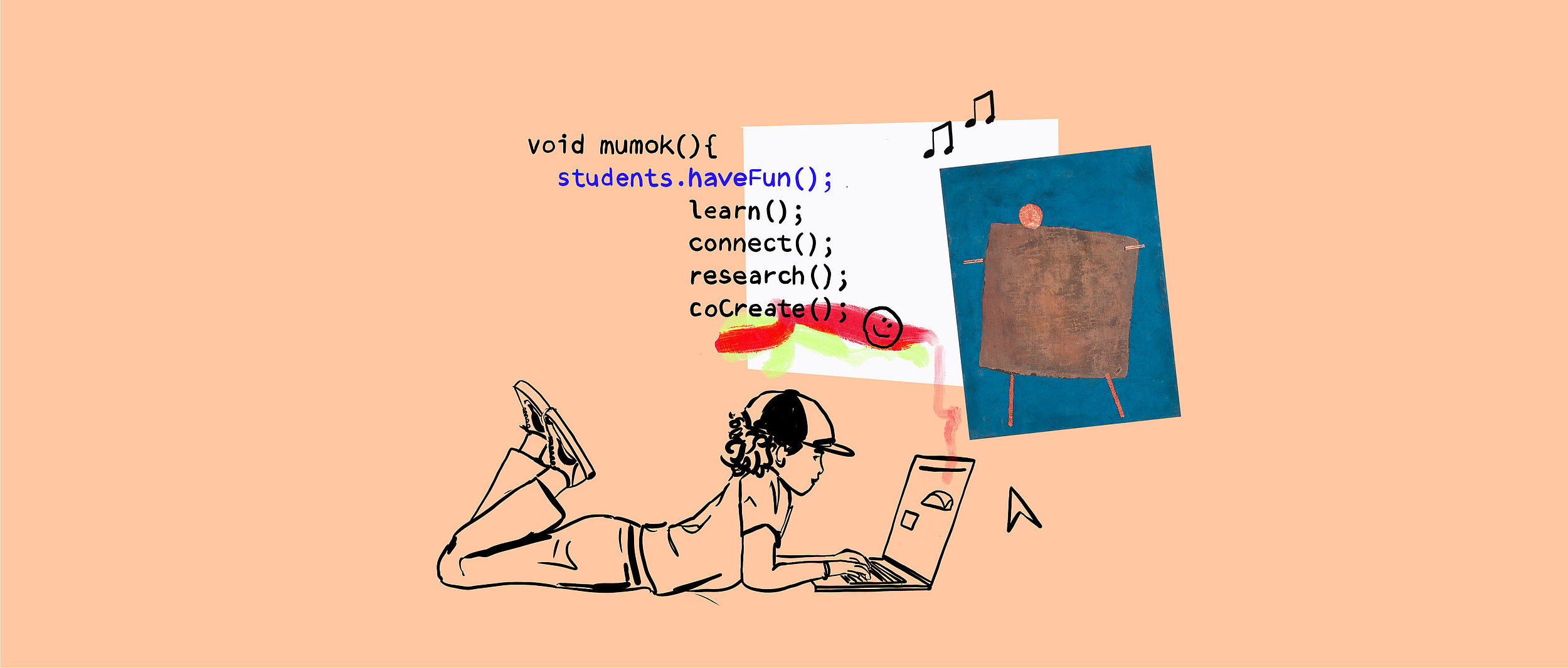 Illustration: Ein Kind liegt auf dem Boden und programmiert am Computer