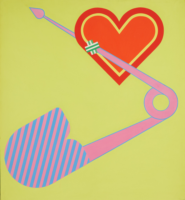 Sine Hansen: On Top. Painting of a safety pin and a red heart on yellow background.