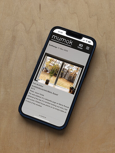  A closeup of a smartphone displaying mumok’s webpage for the exhibition Contact M by Park McArthur. The phone rests on a wooden surface.